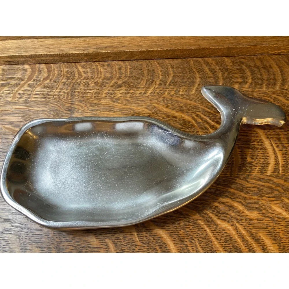 Vintage Cast Aluminum Whale Serving Tray Nautical Trinket Dish Silver 13.5 Inch